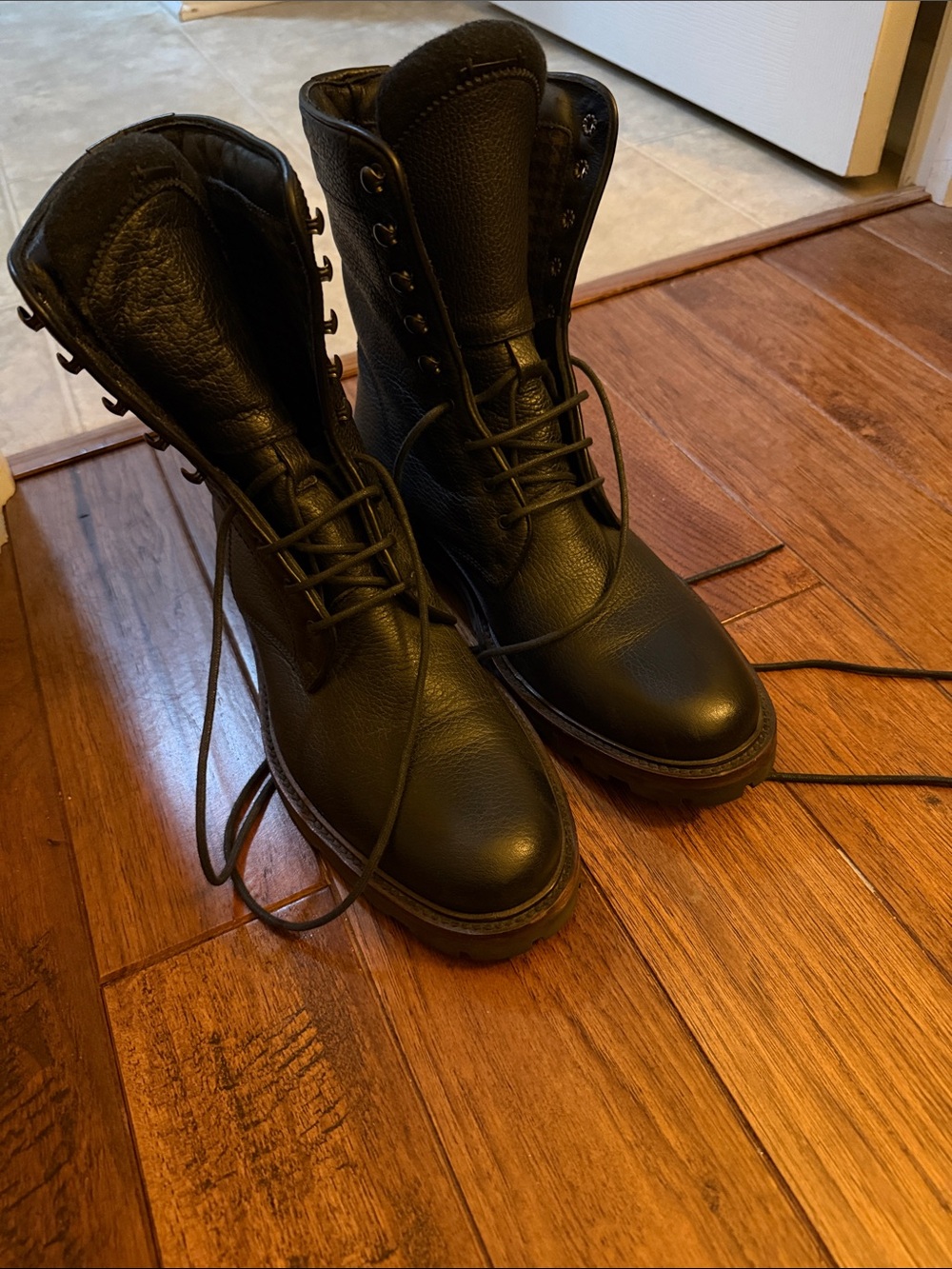Aquatalia Black Leather Lace-Up Combat Boots